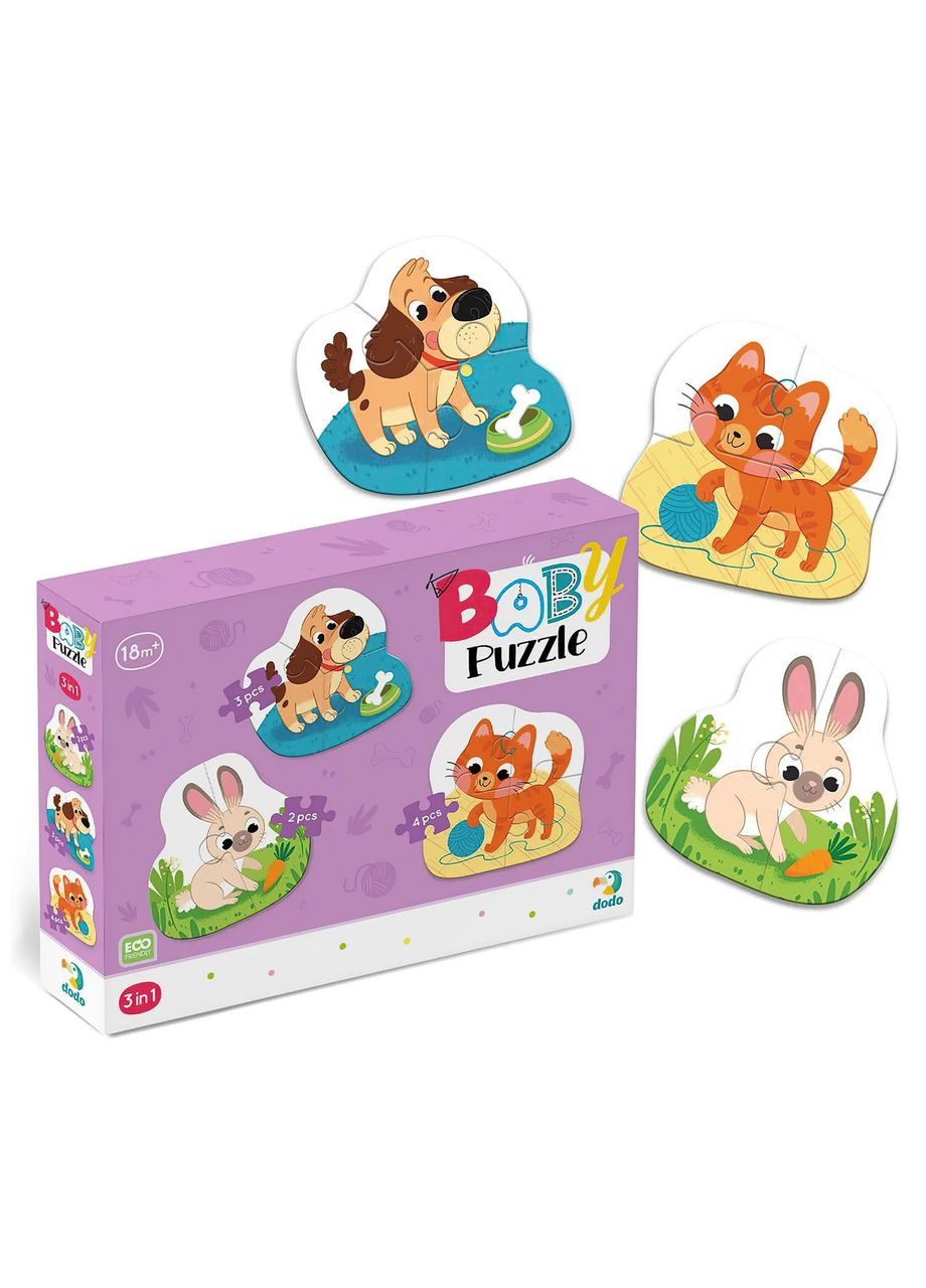 Пазл 300395 Домашні тварини, 3 картинки - котик, песик і зайченя Dodo (370144133)