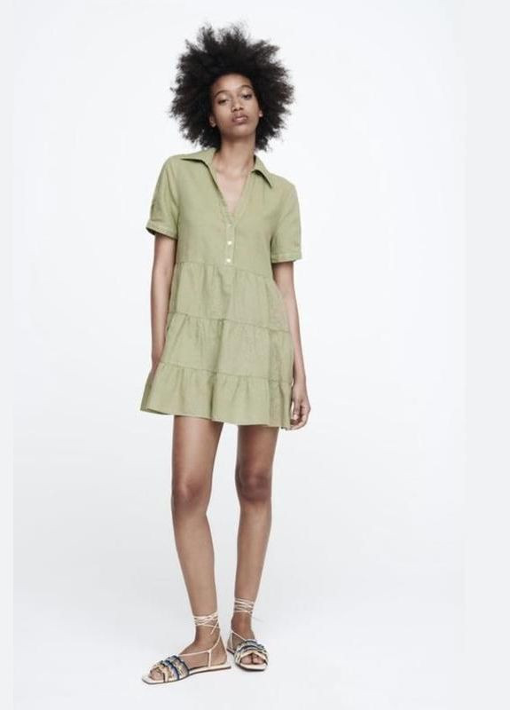 Оливковое (хаки) повседневный, кэжуал платье женское льняное 2648/202/250 m хаки с баской, а-силуэт Zara