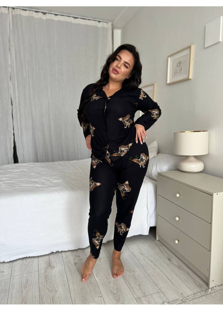 Чорна всесезон піжама жіноча домашній костюм plus size сорочка + брюки No Brand