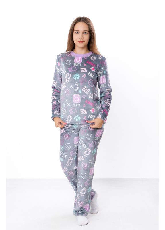 Серая зимняя пижама для девочки-подростка махровая (кофта и брюки) с принтом (p-8409) Носи своє