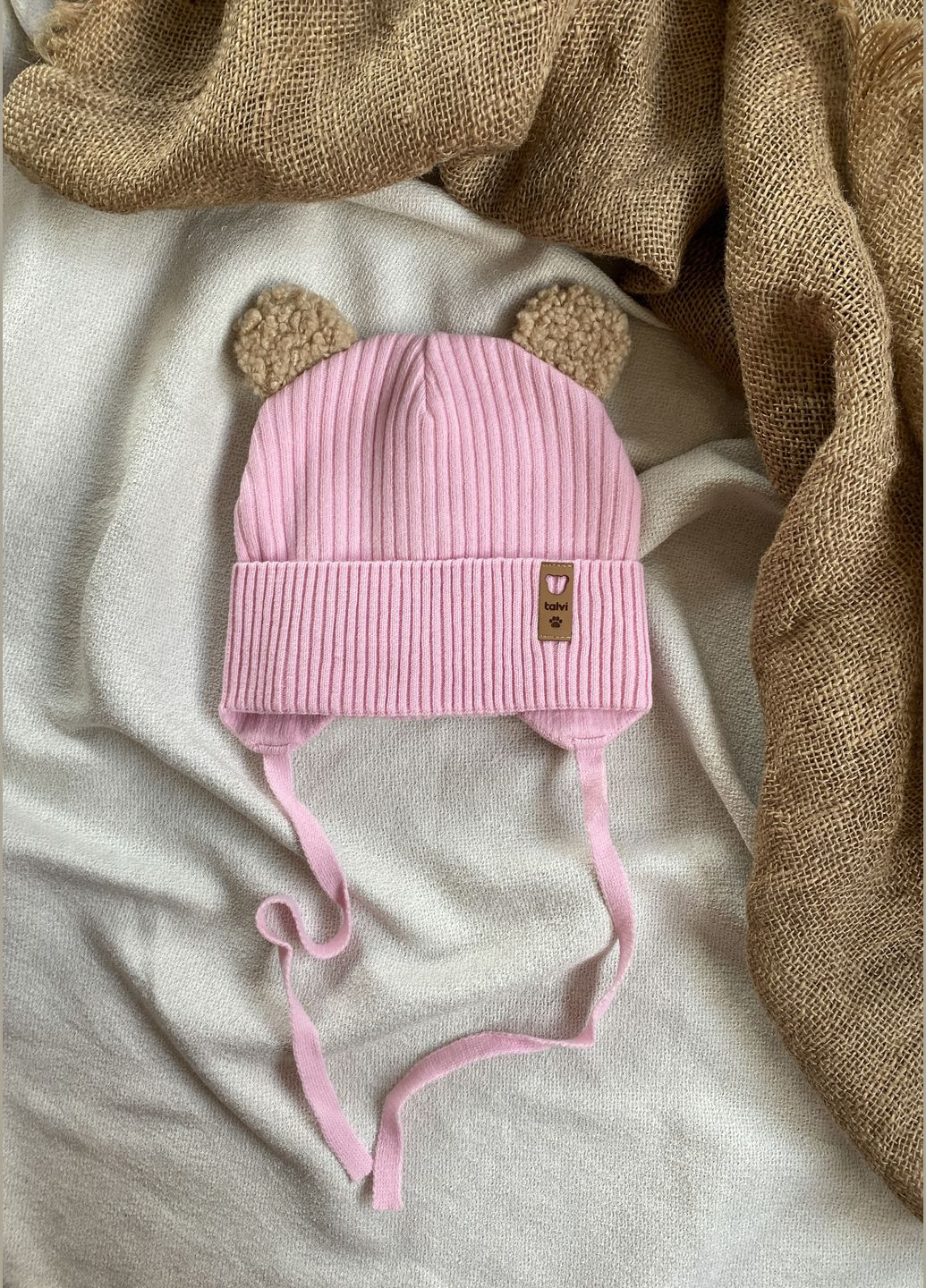 Дитяча шапка на завязках із милими вушками ведмедика для дітей на весну-осінь Talvi Барні (321963792)