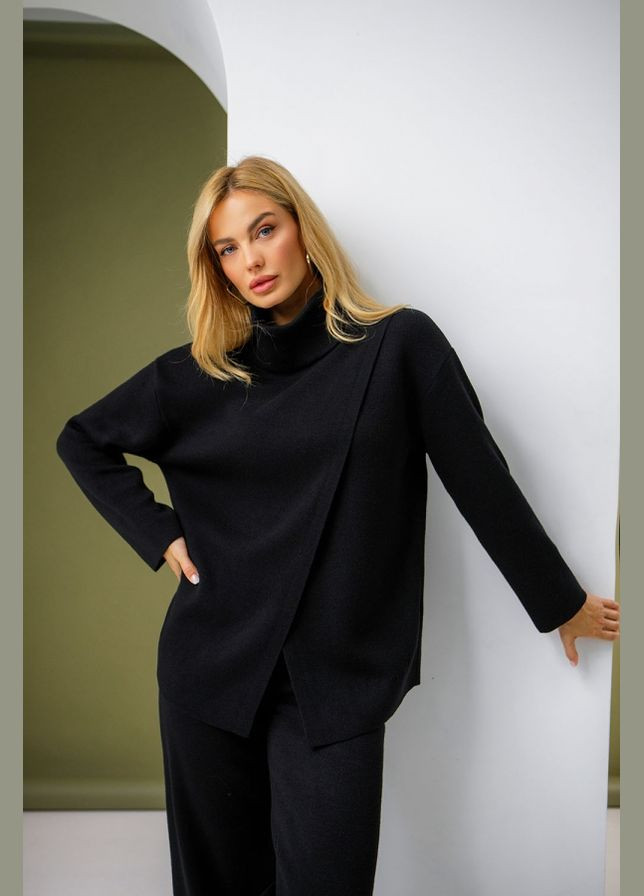 Чорний демісезонний жіночий джемпер на запах з напіввовняної пряжі (2547) Triko Bakh