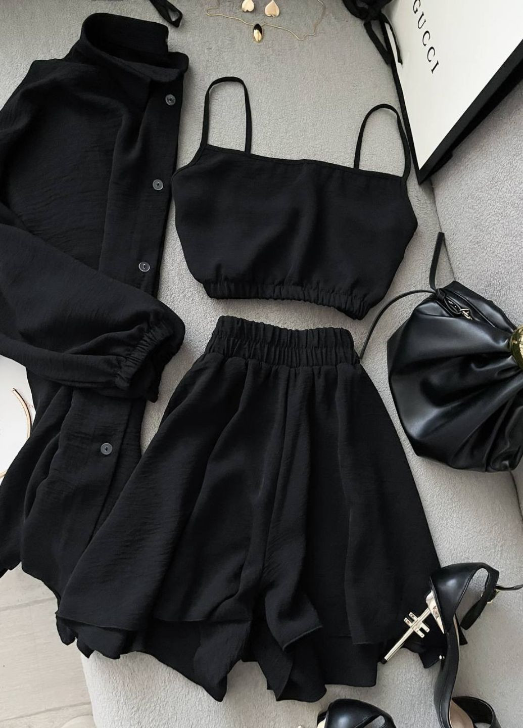 Вишуканий легкий літній повсякденний костюм трійка: сорочка + топ + шорти Allthings (344448123)