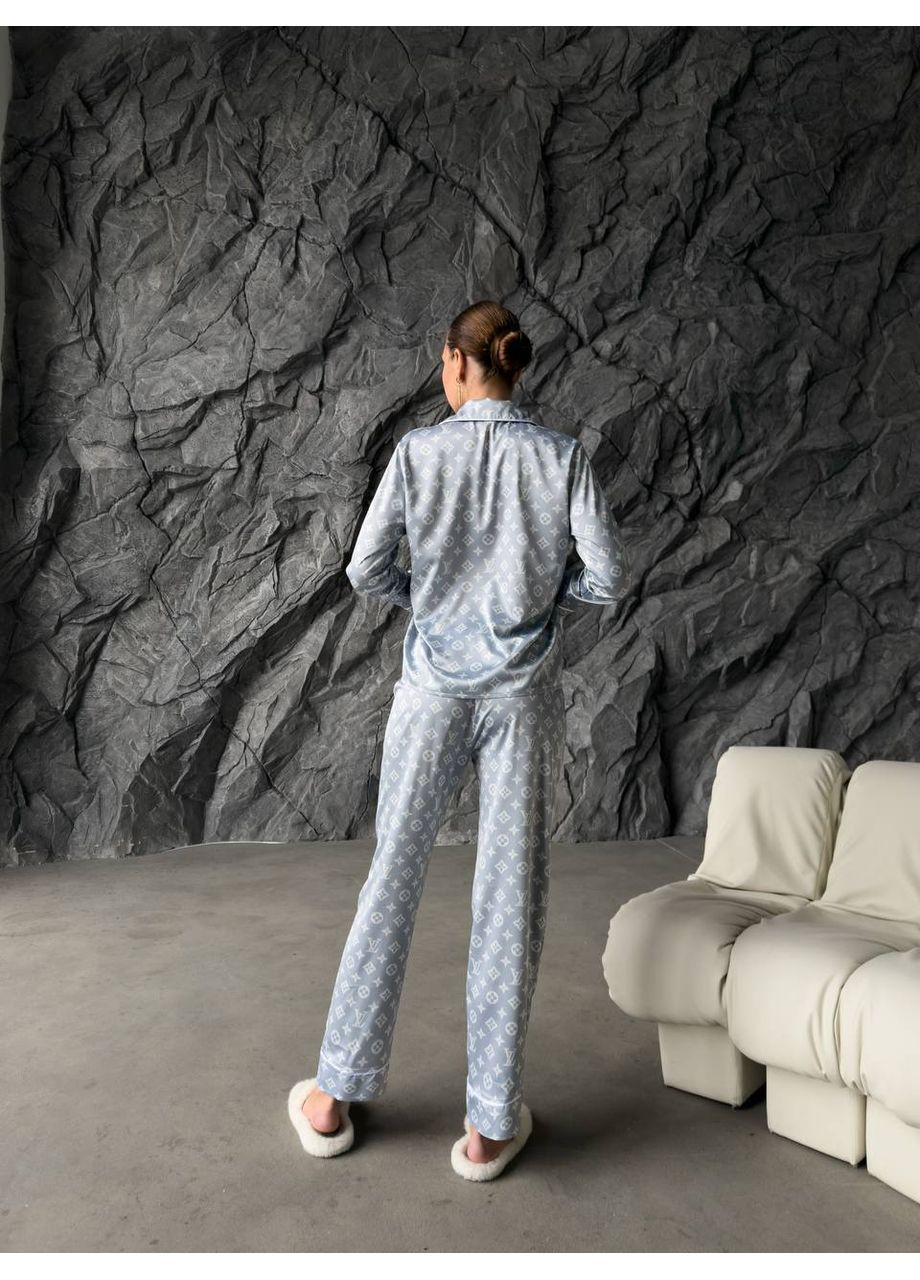 Сіра всесезон жіноча шовкова піжама з принтом lv сорочка + брюки Vakko