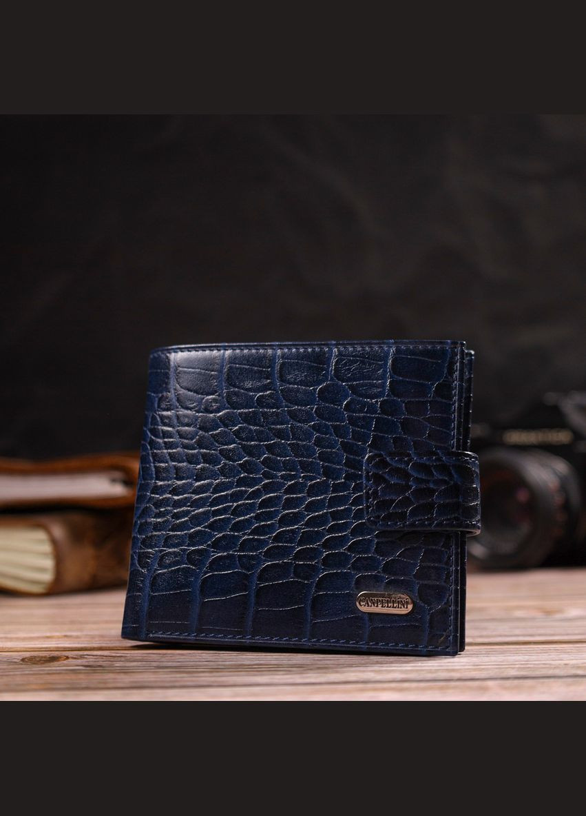 Гаманець для чоловіків горизонтального формату з натуральної шкіри з тисненням під крокодила 21769 Синій Canpellini (329147919)