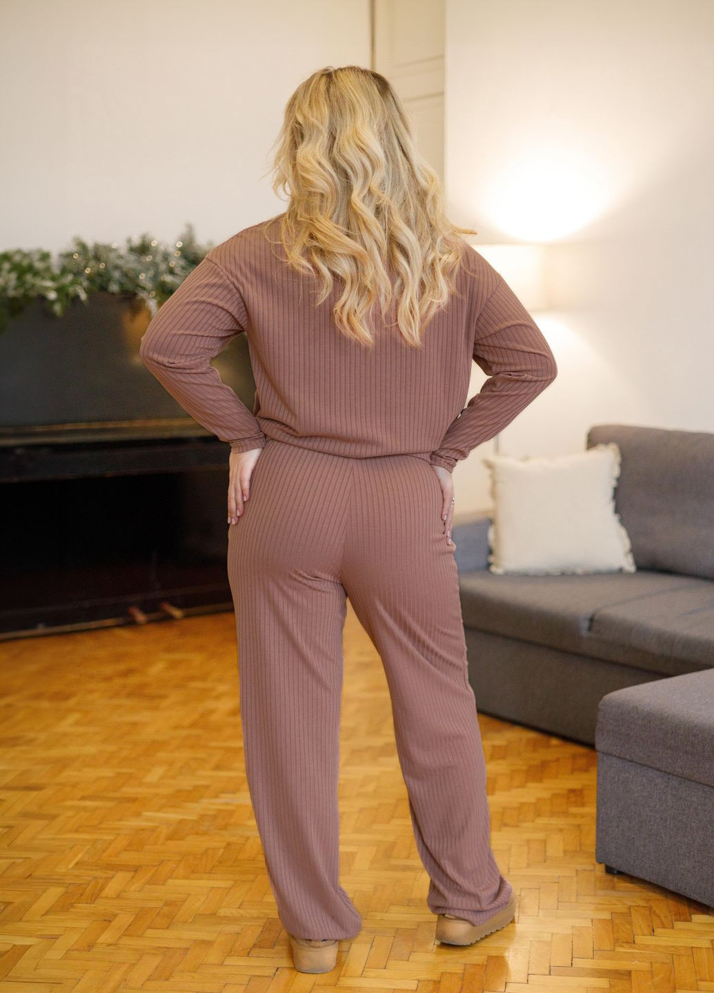 Трикотажный костюм женский демисезонный оверсайз в рубчик в рубчик No Brand (362660012)