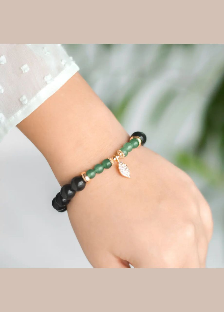 Браслет на гумці Котяче Око сіре (синт), Кварц під Нефрит +підвіска Листочок колір золото d-9х6мм+- L-18см No Brand Браслет (324836284)