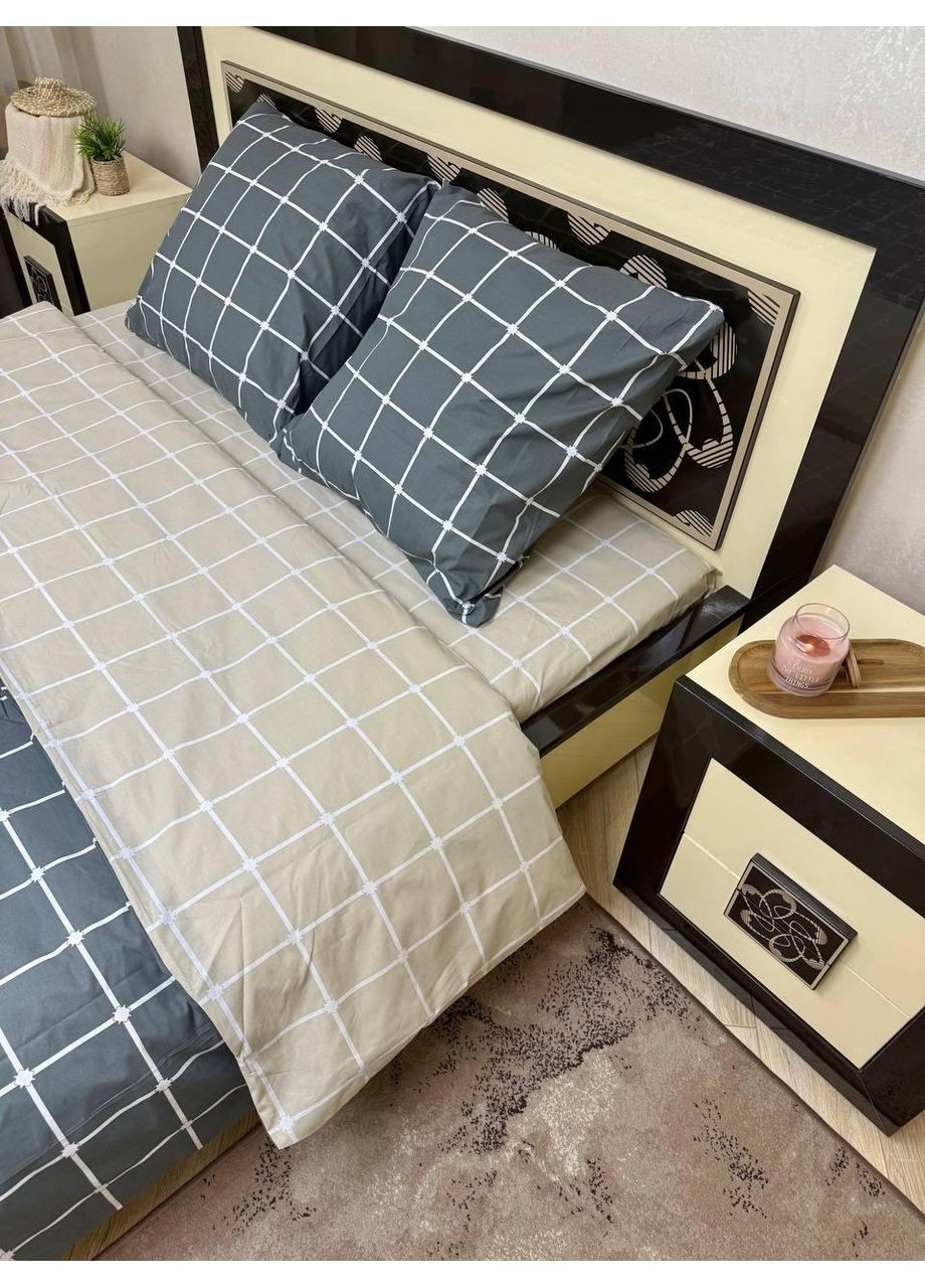 Постельное белье хлопковое Клетка Двуспальное Простынь на резинке 160x200х20 Бязь Бежевое 50 х 70 No Brand (361146423)