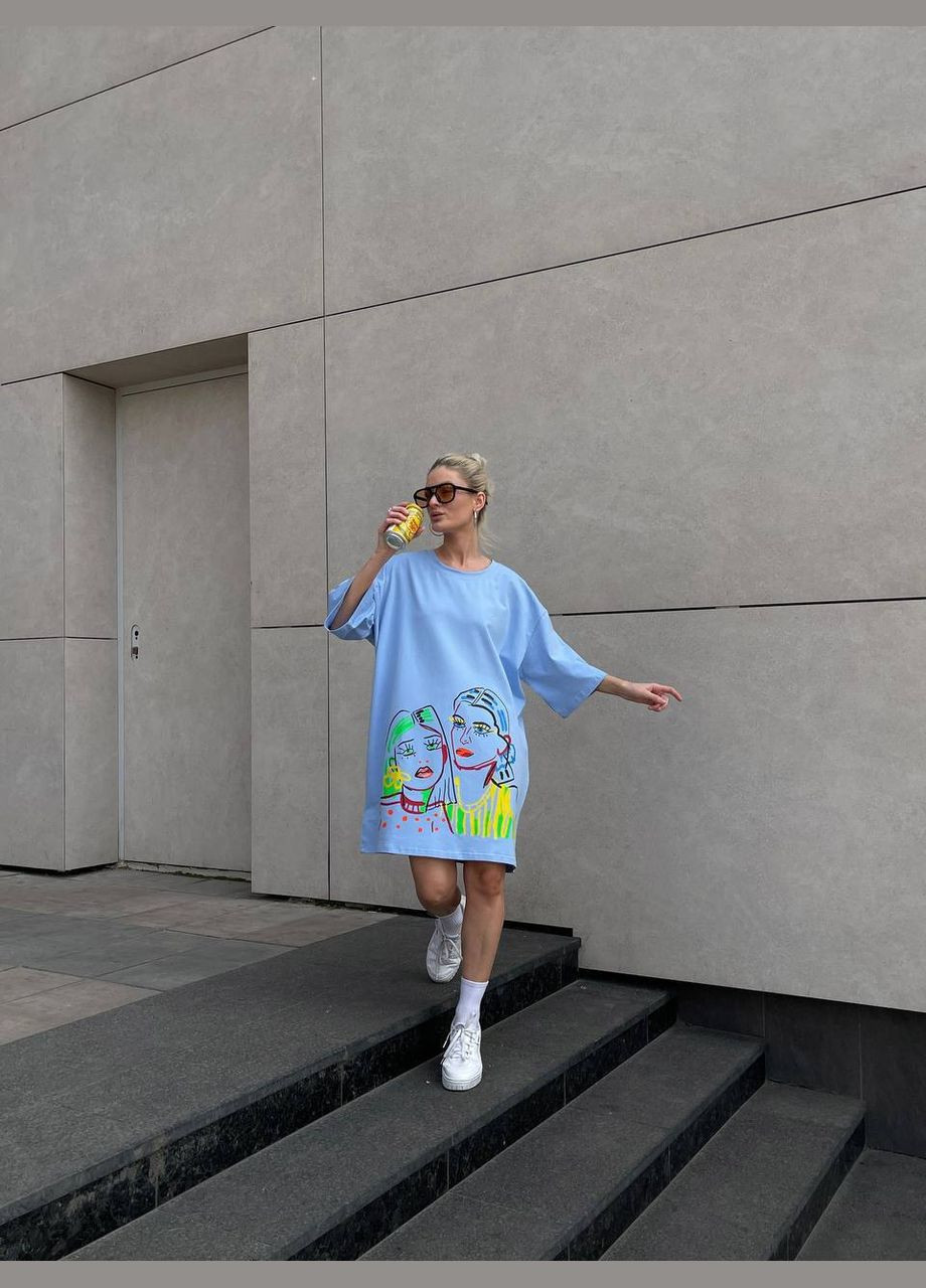 Голубое спортивное, домашнее, пляжное, повседневный женское платье-футболка No Brand