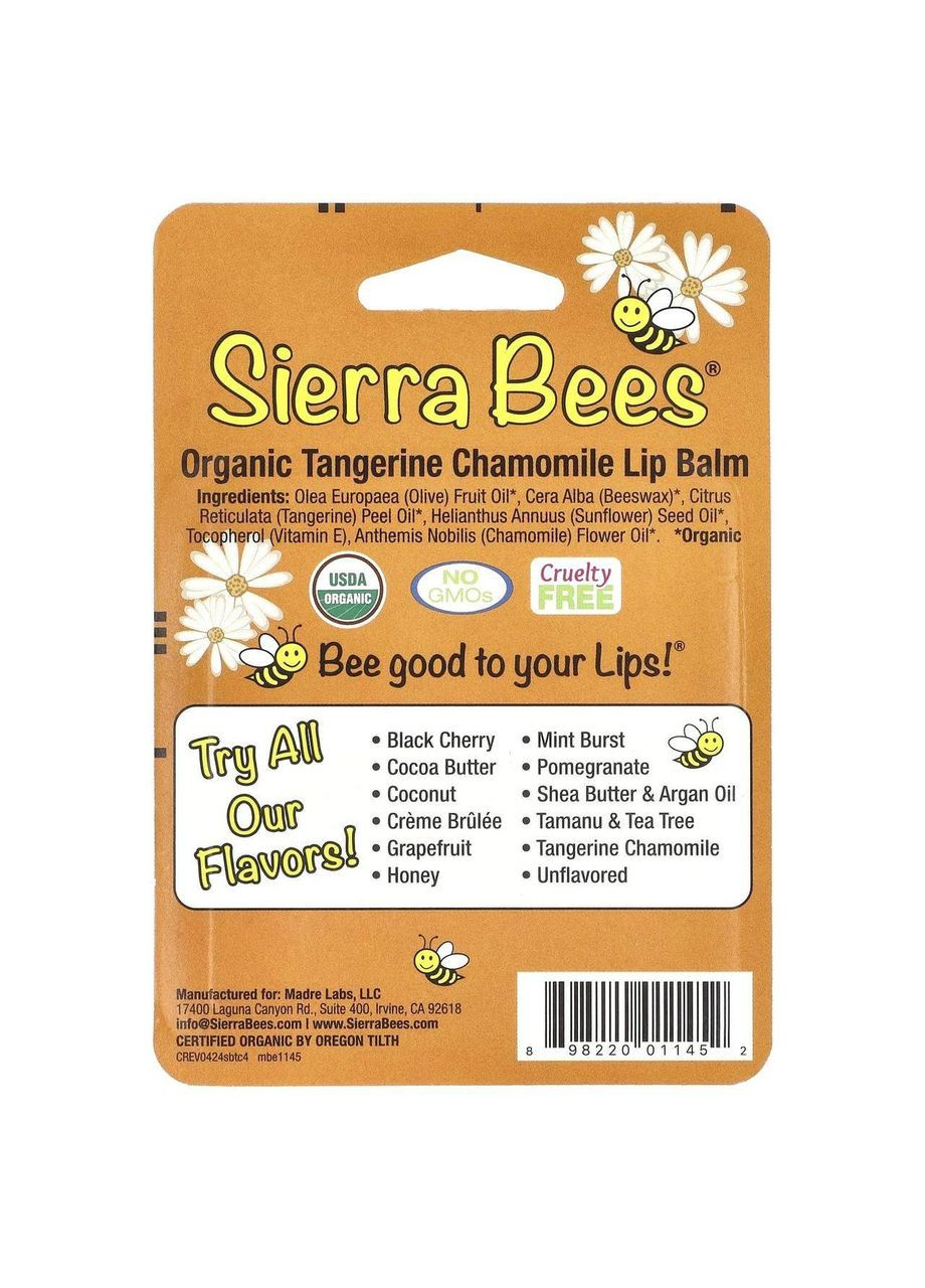 Органические бальзамы для губ, мандарин и ромашка, 4 шт. по 4,25 г Sierra Bees (361858644)