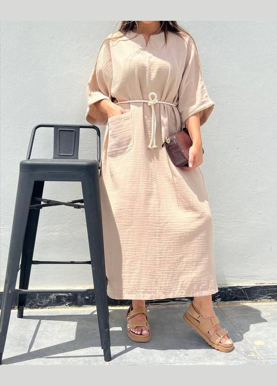 Бежева оверсайз сукня бежевого кольору з канатом у комплекті, приємна до тіла сукня на кожен день No Brand однотонна