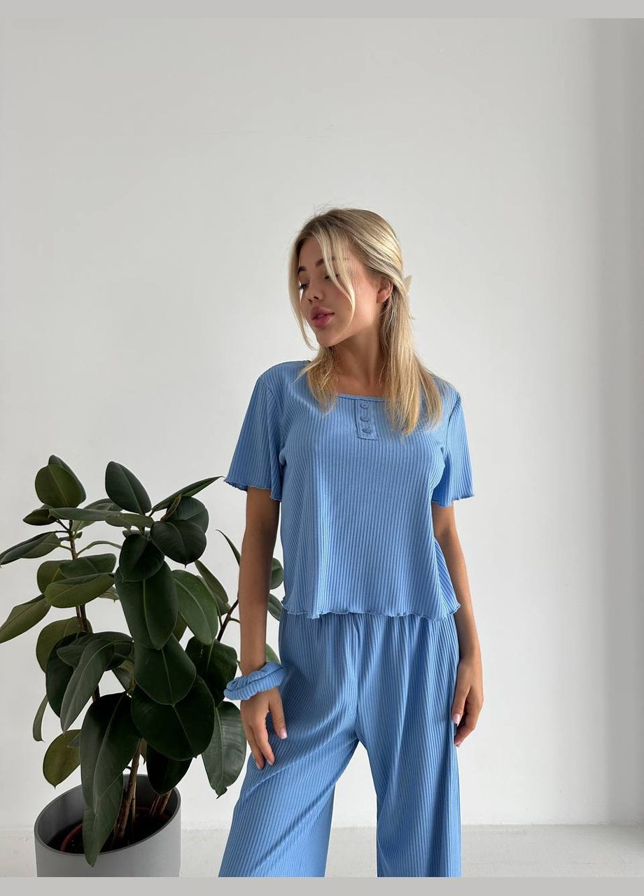 Блакитна всесезон піжама трійка футболка + штани No Brand