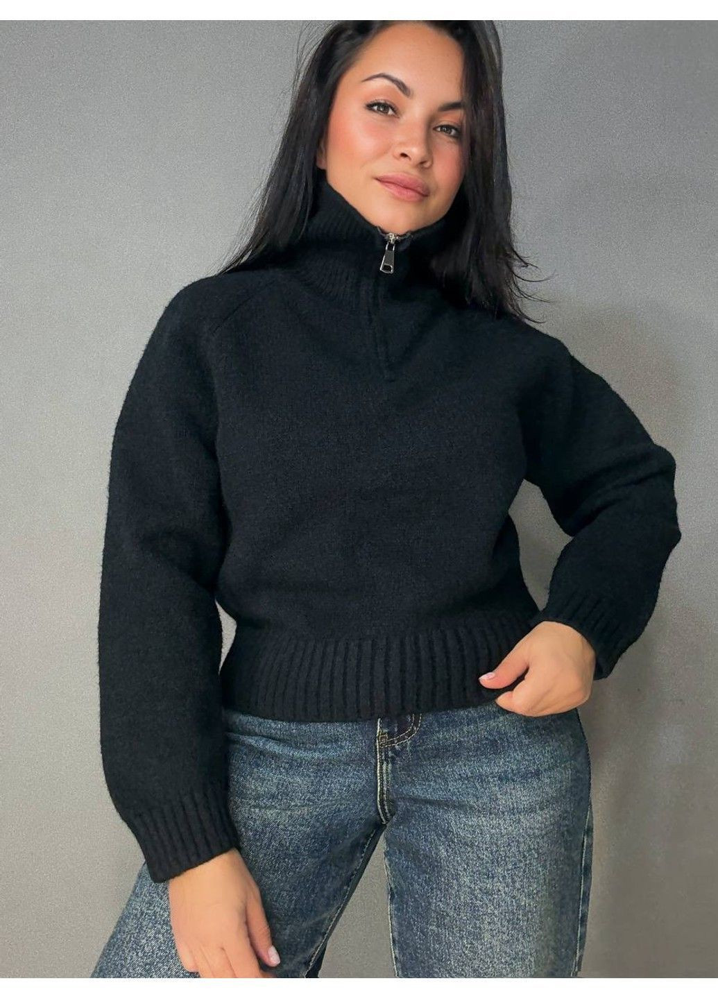Чорний демісезонний светр жіночий a-n 1780 з коміром на блискавці оверсайз one size No Brand