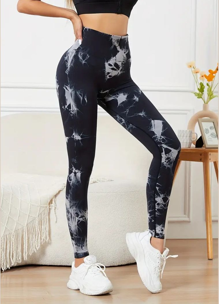 Женские бесшовные фитнес лосины тай-дай мраморные с эффектом пуш ап и высокой талией No Brand (327243143)