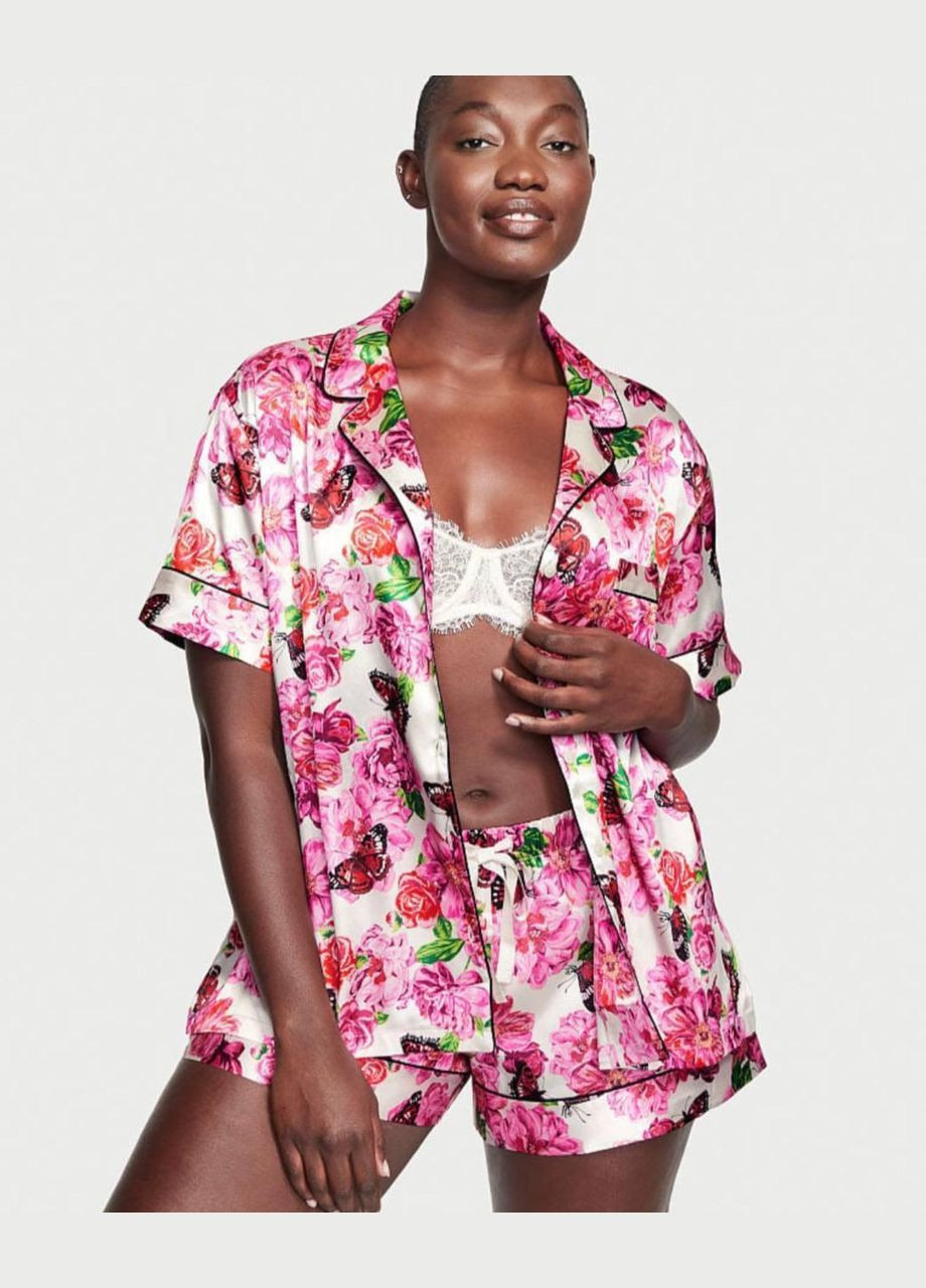 Белая всесезон женская пижама satin short pajama set сатиновая белый рубашка + шорты Victoria's Secret