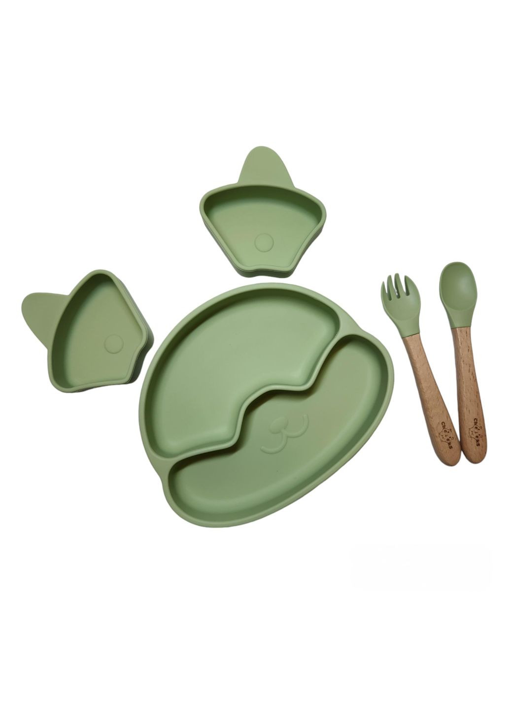 Набір силіконового дитячого посуду для прикорму на присосках оливковий з гризунком прорізувачем-брязкальцем Cheeks (354830538)