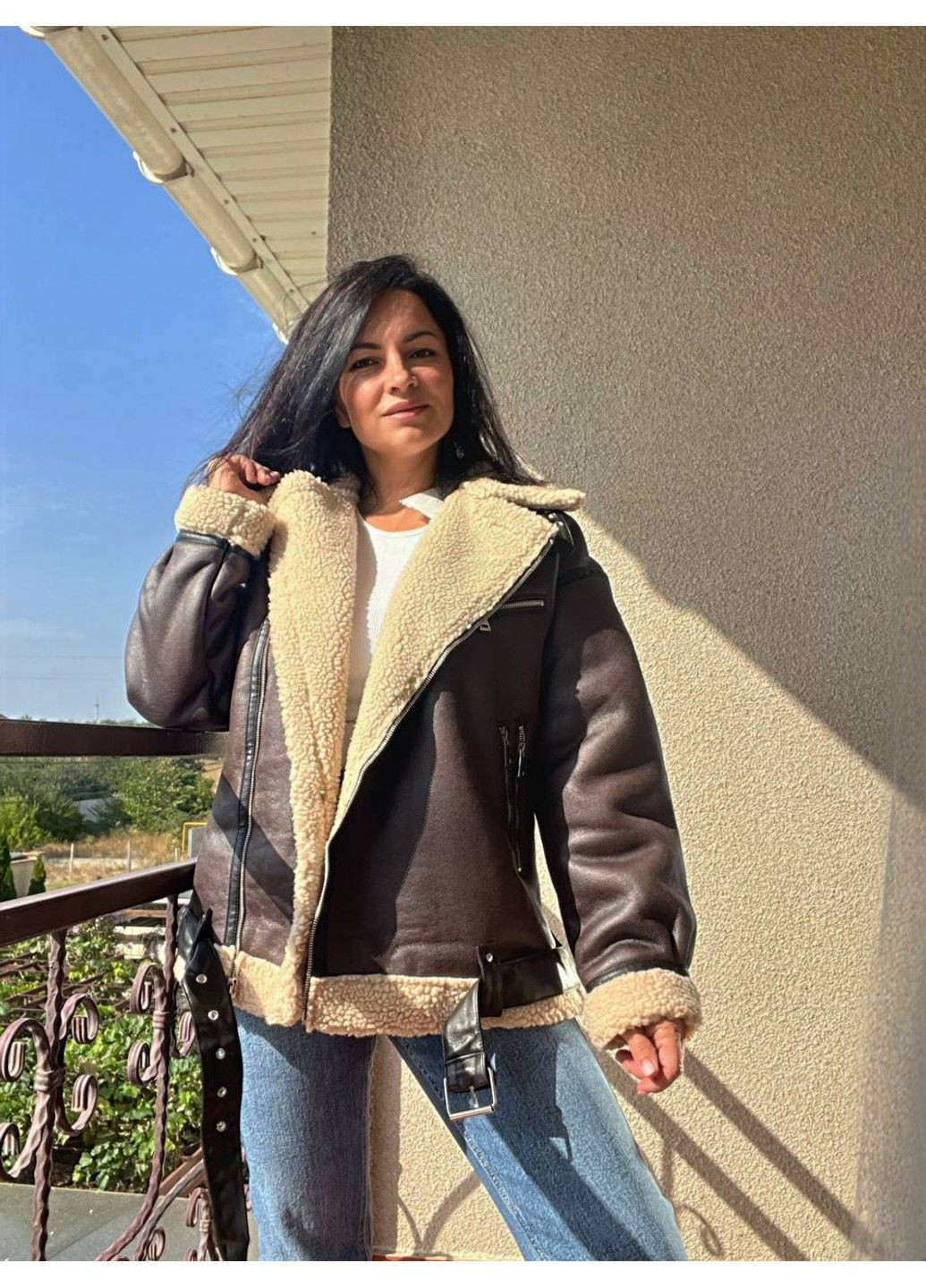 Дубленка женская 264 удлиненная оверсайз мех пилот молнии с ремнем AFTF BASIC (304291656)