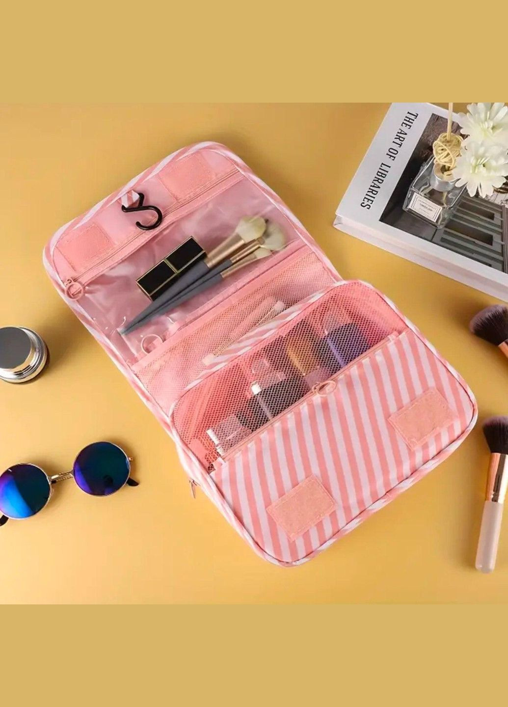 Стильна рожева в смужку дорожня косметичка, органайзер для туалетного приладдя, універсальний несесер No Brand (315101641)