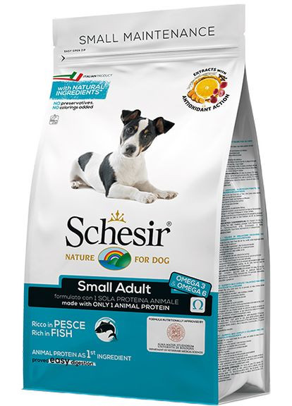 Сухий монопротеїновий корм для дорослих собак малих порід Dog Small Adult Fish з рибою 800 г (8005852150028) Schesir (316680069)