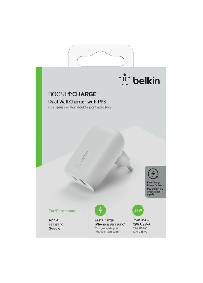 Зарядне пристрій мережевий 37Вт USB-C PD PPS 25Вт, USB-A 12Вт, білий Belkin (368631063)