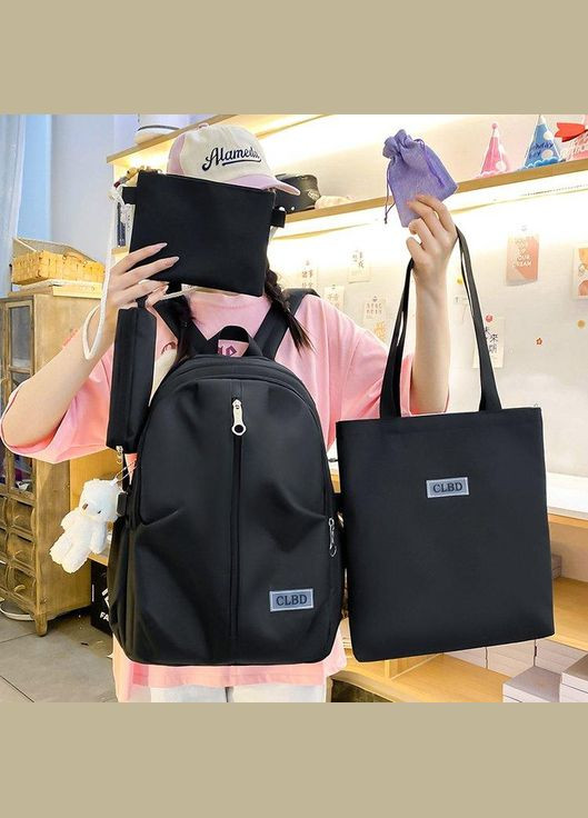 Рюкзак чорний з сумочками та пеналом в комплекті з брелком ведмедика КиП (277698353)