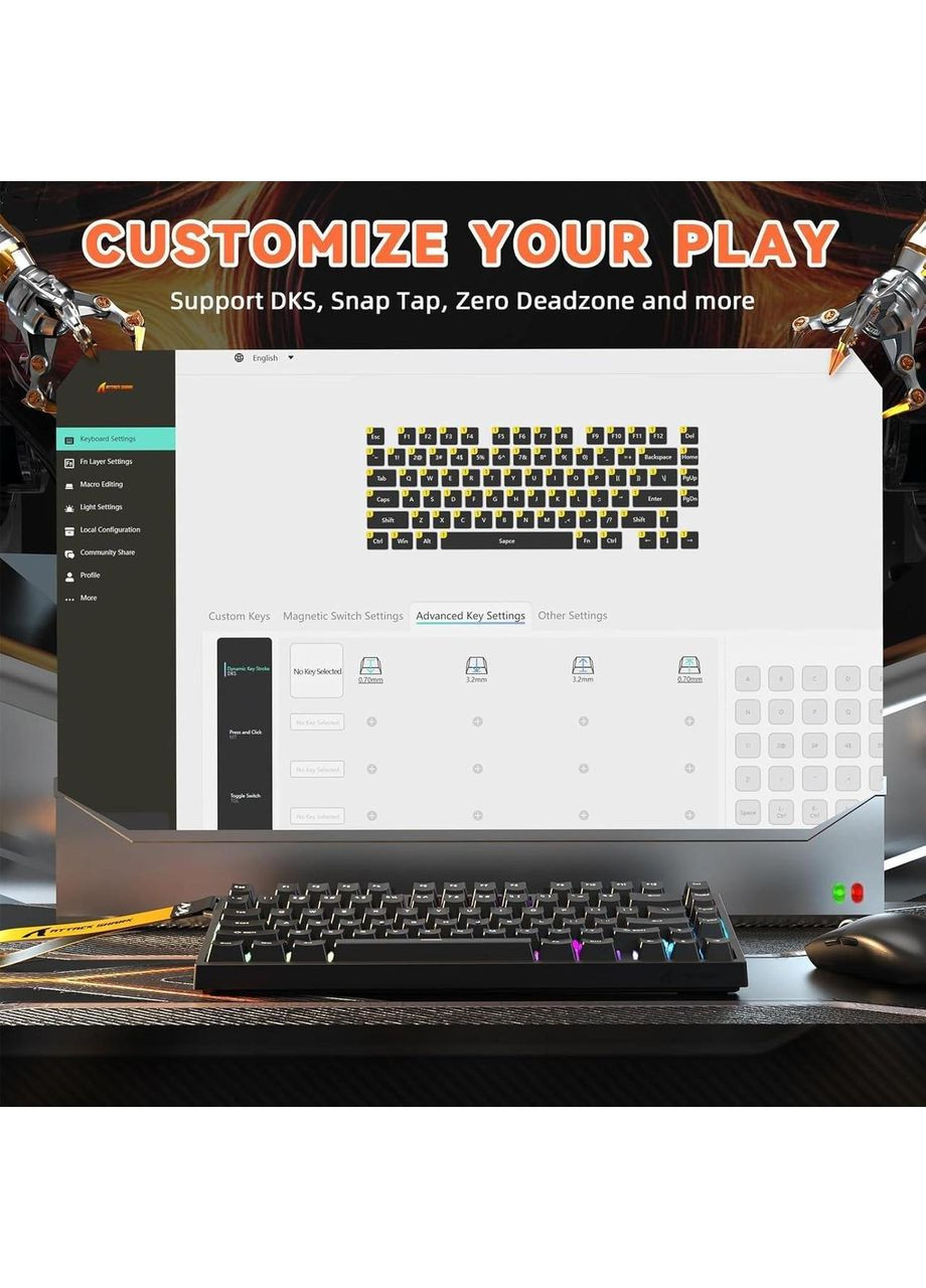 Ігрова Клавіатура R82 HE Rapid Trigger Black ENG + UA Магнітні світчі. Дротова 8000Hz/s. RGB Підсвічування, 80 keys, ATTACK SHARK (370202805)
