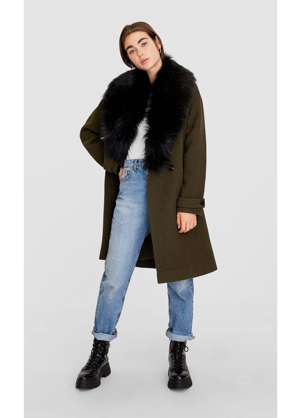 Темно-зелене Пальто демісезон,болотний-чорний, Stradivarius