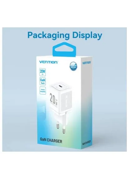 Зарядний пристрій (TZ-FEPW0-EU-01) Vention 1xUSB-C PD20W GaN + cable USB-C to USB-C white (389995509)