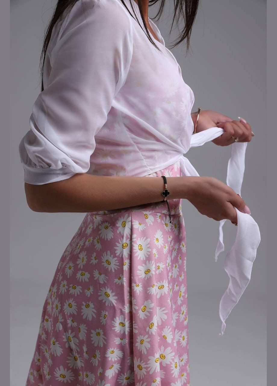 Розовый летний приятный к телу повседневный костюм 2-ка (сарафан в цветочном принте+блузка), идеальный летний комфортный комплект No Brand 029-2