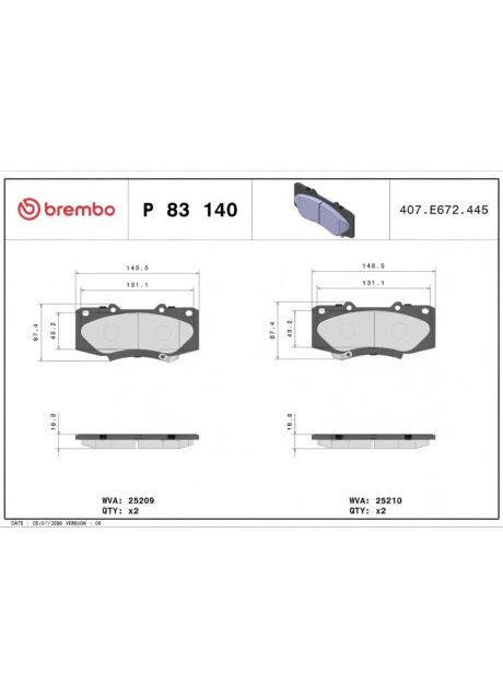 Колодки гальмівні дискові ПЕРЕДН TOYOTA HILIX III 2.5 D 4WD, 2.5 D-4D 4WD, 2.5 D 4D, 3.0 D-4D 4WD 08/05 P83140-ua Brembo (364834446)