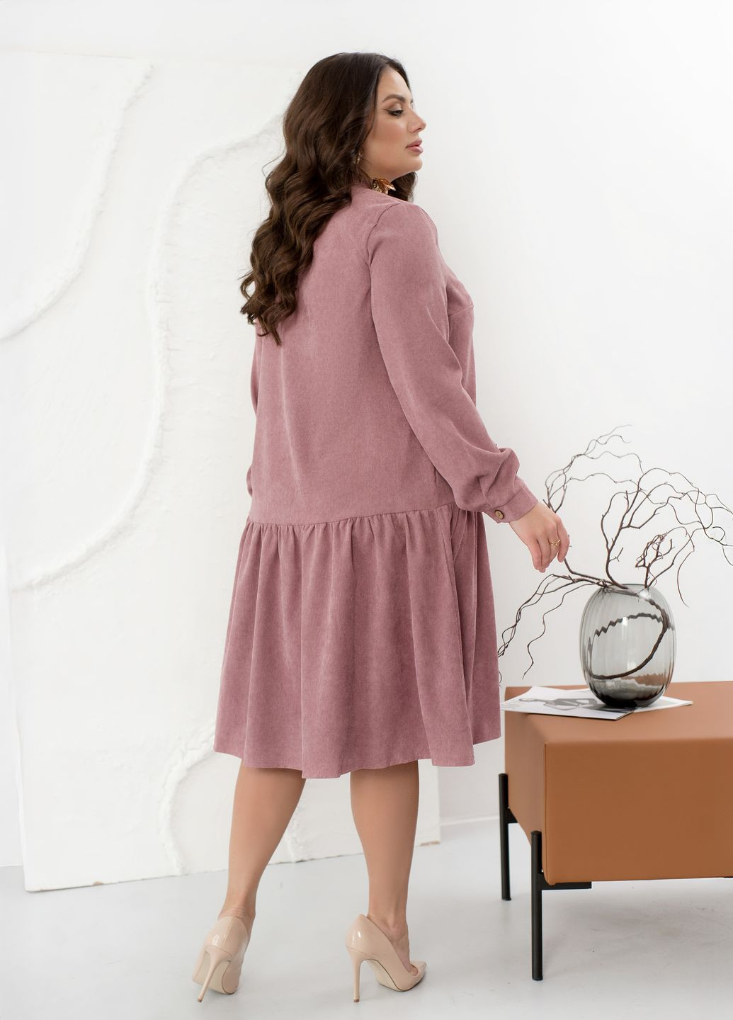 Розово-лиловое праздничный, повседневный, вечернее вельветовое платье-рубашка свободного фасона а-силуэт с длинными рукавами колокол, а-силуэт, рубашка No Brand однотонное