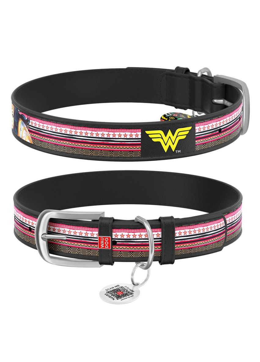 Нашийник для собак шкіряний Design з "Диво-жінка" Ш 35 мм Д 44-58 см Чорний WAUDOG (332879734)