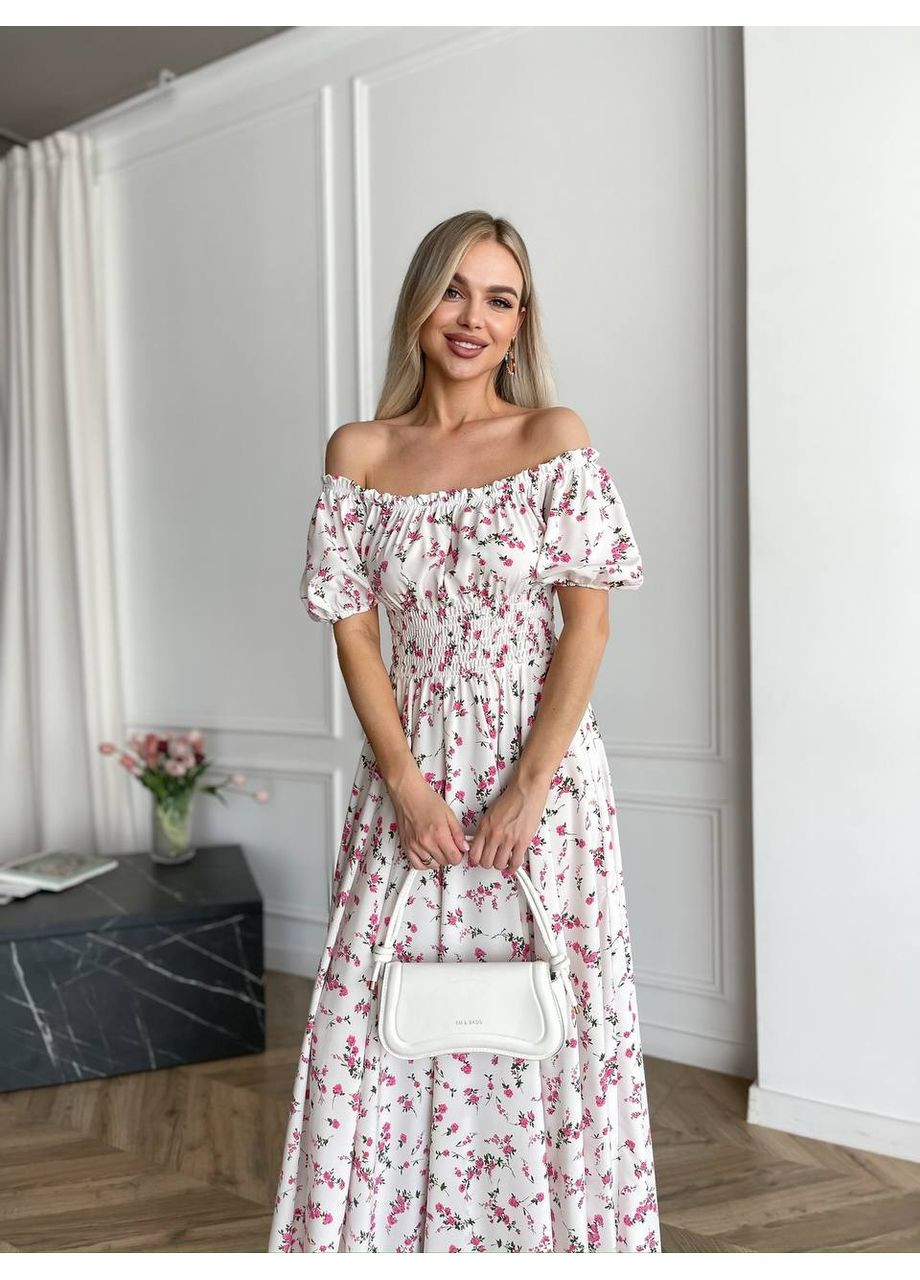 Білий святковий, повсякденний, вечірня, пляжна, кежуал жіноча довга сукня з відкритими плечима Vakko з квітковим принтом