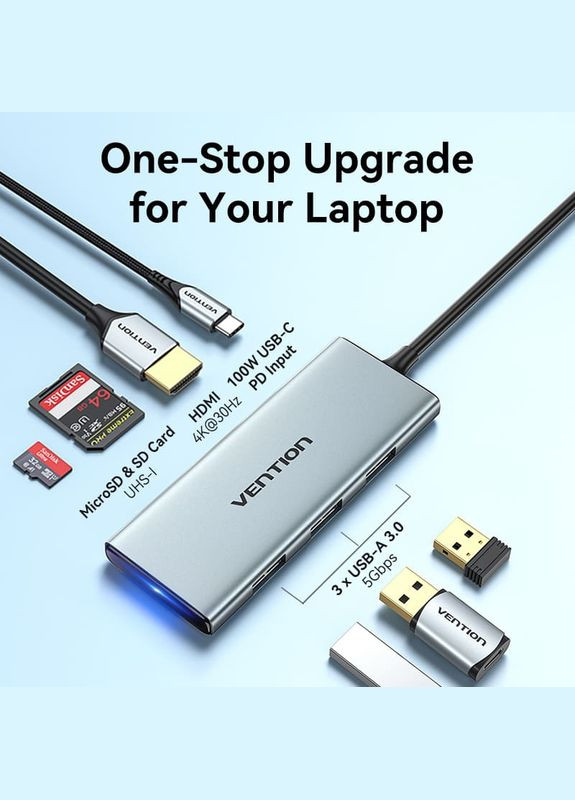 Док-станція USB3.1 Type-C --> HDMI/USB 3.0x3/SD/TF/PD 100W 7-in-1 Vention (315503038)