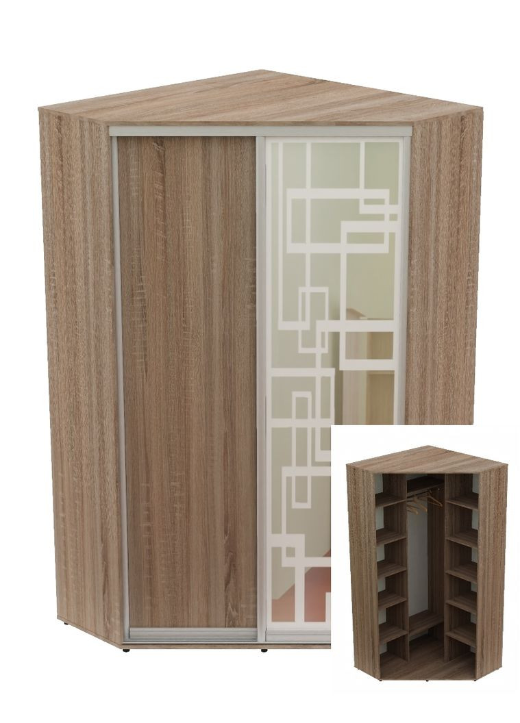 Шафа-купе дводверна кутова 130*130*220 Дуб Сонома трюфель ДСП/Дзеркало з піскострумним малюнком Угол-3 Алекса (360472285)