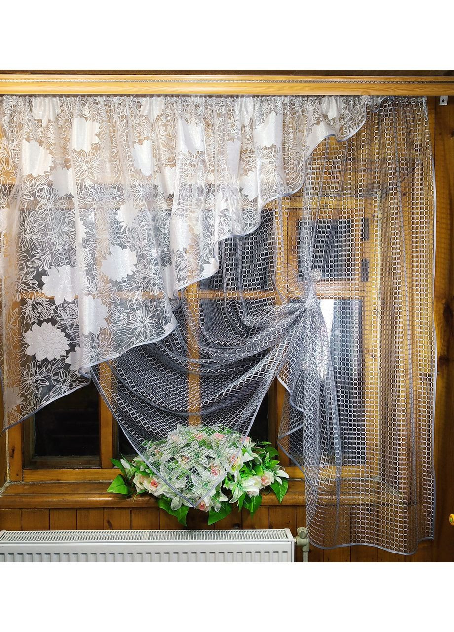 Фіранка кухона готова коротка Фаїна сіра срібна квітка ліва No Brand (372133764)