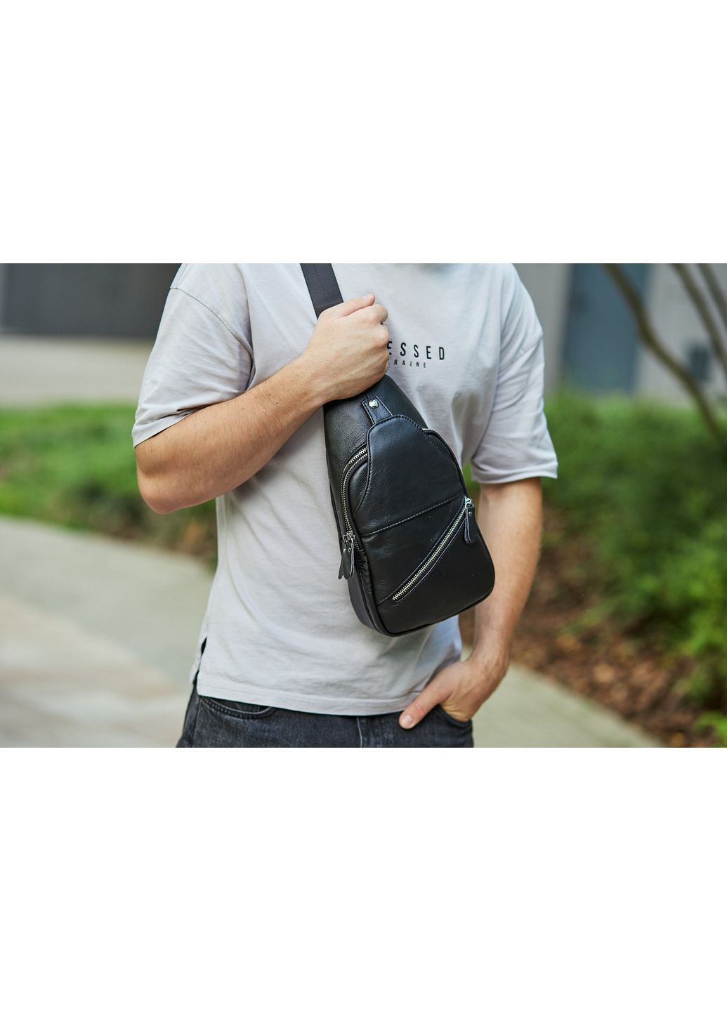 Мужская сумка-слинг кожаная черная 7579 Tiding Bag (336551867)