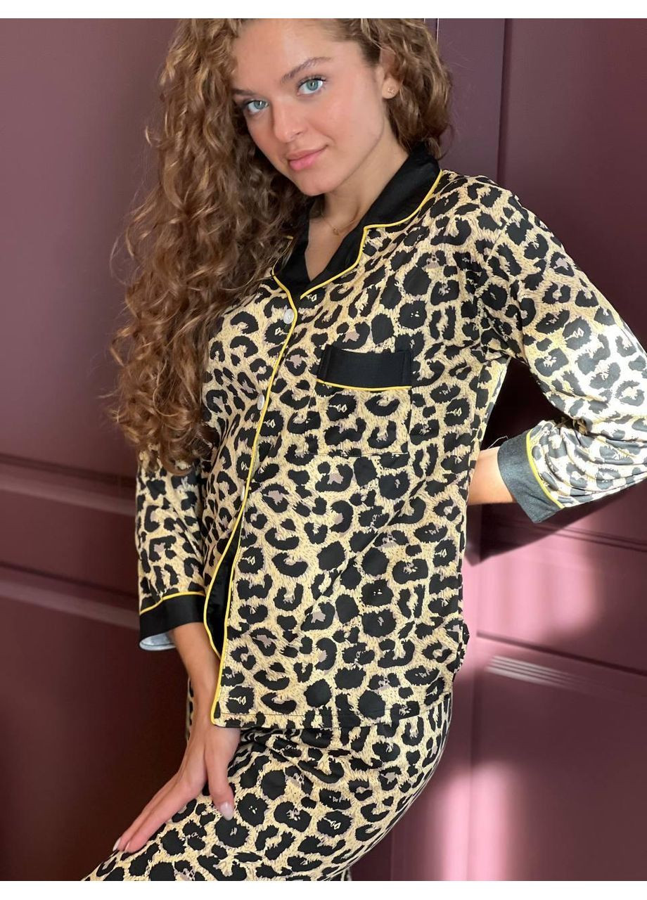 Комбинированная женская пижама леопардовая из полированного коттона на трикотажной основе / пижама женская с леопардовым принтом полированный котон No Brand