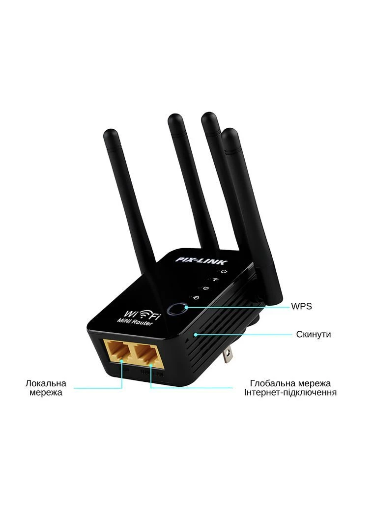 Ретранслятор-маршрутизатор Pix-Link X300R4 300Мбит/с 2.4Ггц Черный (XNDWSW021403B 4326) XON E-Tech (371807395)