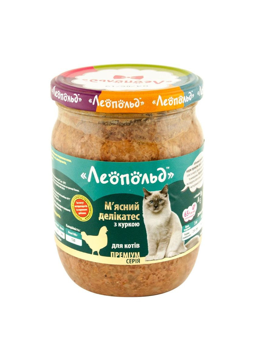 Консерва для дорослих котів Преміум м'ясний делікатес курка 500 г Леопольд (266274614)