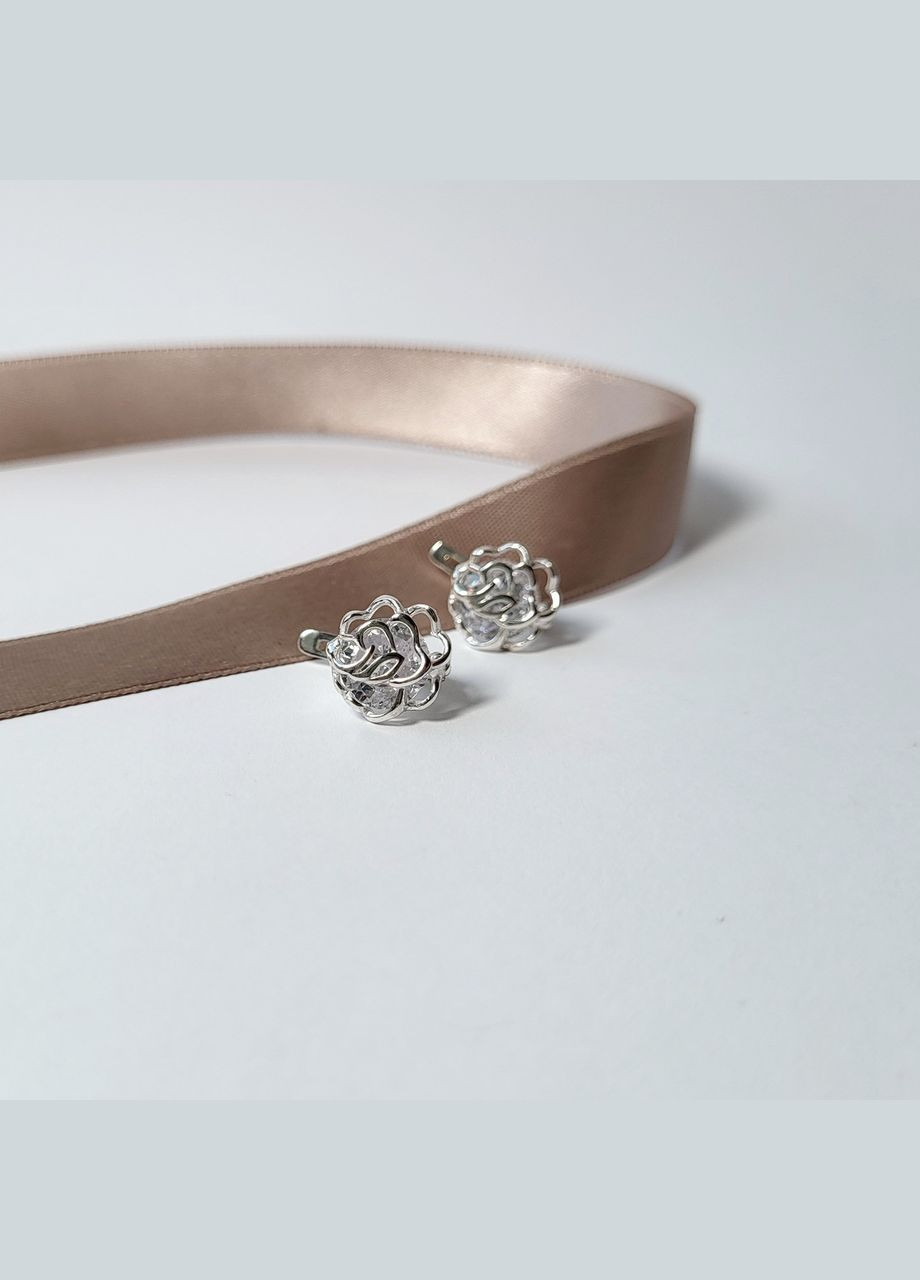 Срібні сережки Квітка Троянда із Білими каменями срібро 925 проби Родоване 56043р 3.50г No Brand (340916716)