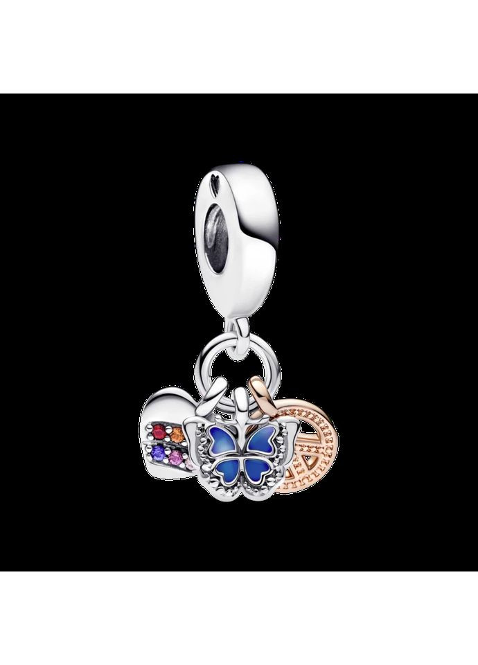 Срібний шарм Пандора "Райдужне серце, метелик і символ миру" 782572C01 Kabluchka (355346667)