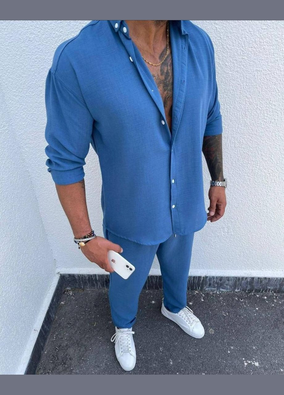 Синий демисезонный мужской костюм лен No Brand