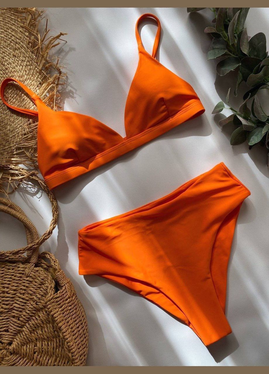 Оранжевый летний минималистичный купальник с высокой посадкой раздельный Vakko