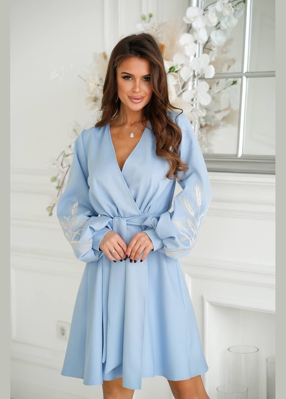 Голубое платье на запах с вышивкой Украина