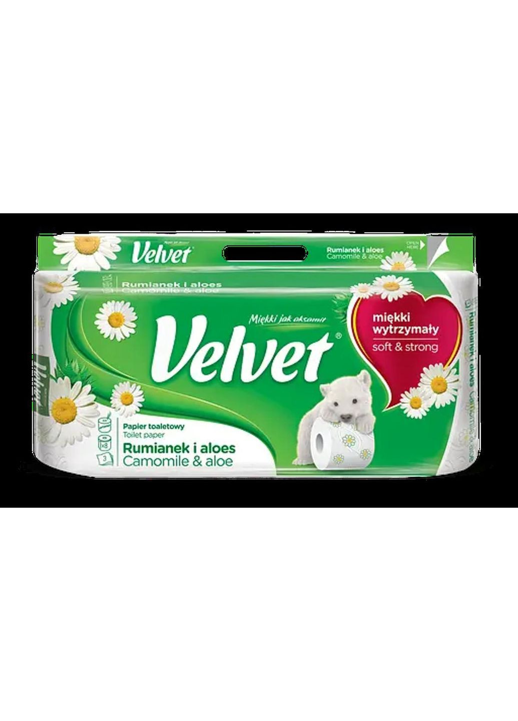 Туалетний папір Camomile Aloe (Ромашка Алое) 8 рулонів 3 шари 150 відривів (трохи надрізаний пакет) Velvet (361078724)