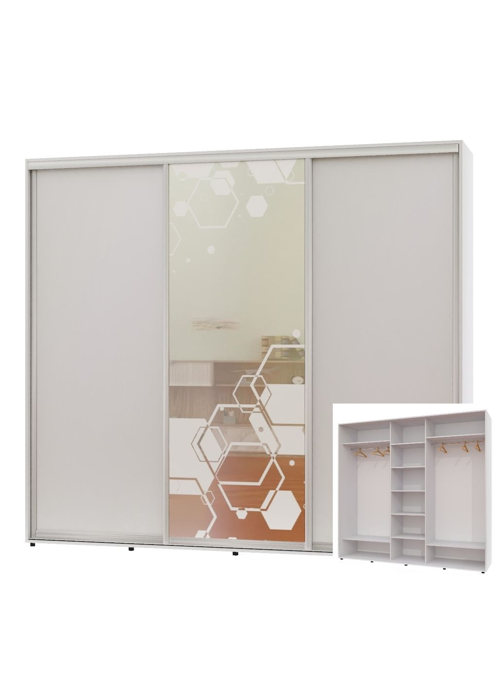 Шкаф-купе трехдверный 240*60*250 Белый 2 ДСП/Зеркало с пескоструйным рисунком ШК-04 Алекса (360459925)