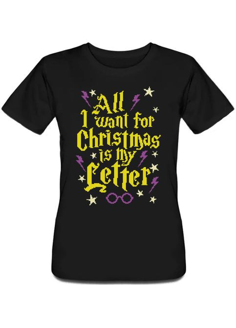 Черная летняя женская новогодняя футболка all i want for christmas is my etter (чёрная) l Fat Cat