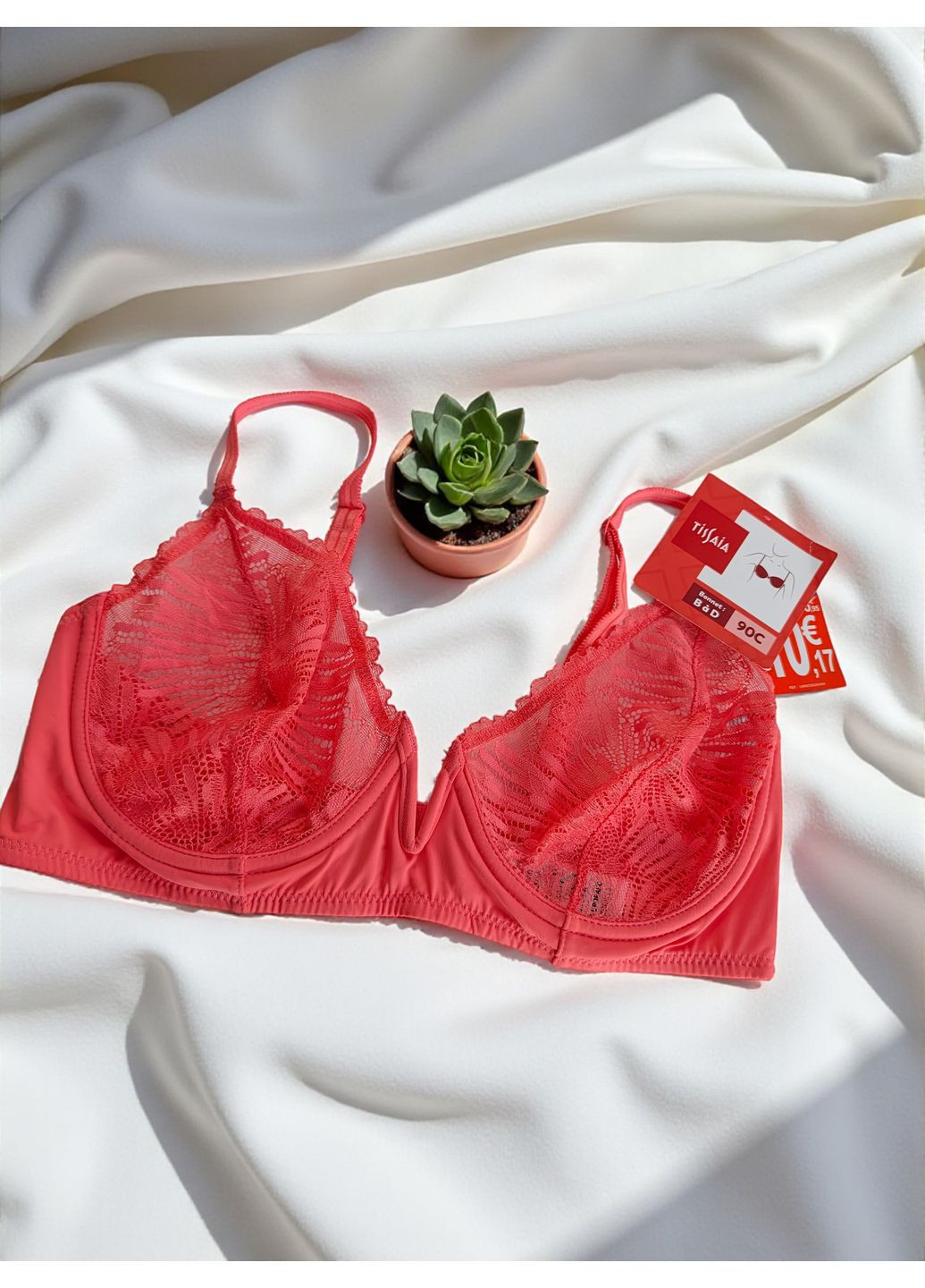 Кораловий балконет мереживний бюстгальтер tisisaia FS з кісточками поліамід
