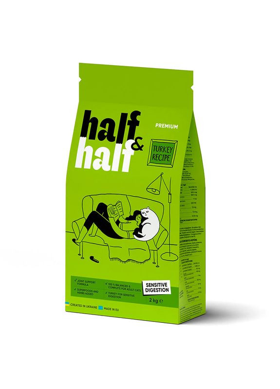 Сухой корм с индюшкой для котов с чувствительным пищеварением 2 кг Half&Half (327070789)